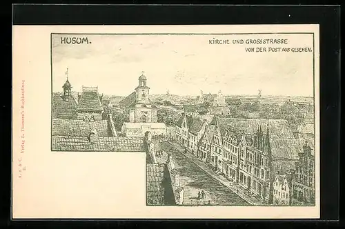 AK Husum, Kirche und Grossstrasse von der Post aus gesehen