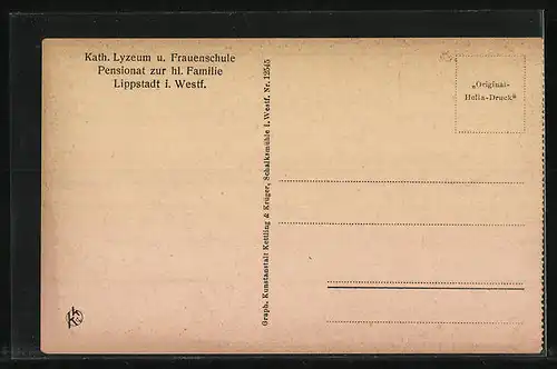 AK Lippstadt i. Westf., Kath. Lyzeum und Frauenschule, Pensionat zur hl. Familie, Esszimmer der Frauenschule