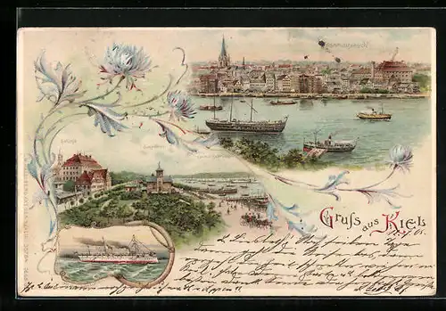 Lithographie Kiel, Dampfer Schloss & Seegarten, Gesamtansicht