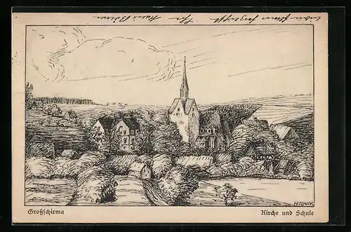 Künstler-AK Grossschirma, Kirche und Schule