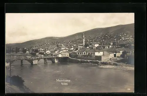 AK Veles, Gesamtansicht mit Uferpartie und Brücke