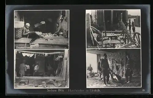 AK Uesküb, Handwerker 1916, Daunen-Fabrik, Schmiede, Stellmacherei