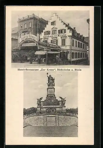 AK Rüdesheim /Rh., Hotel-Restaurant Zur Krone Nik. Trapp, Denkmal