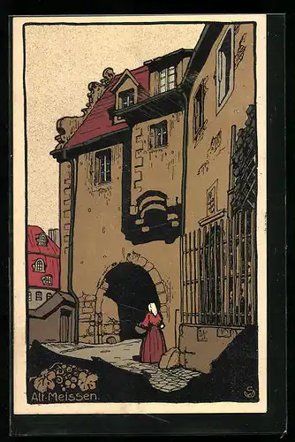 Steindruck-AK Meissen, Burgtor von 1522 in Alt-Meissen