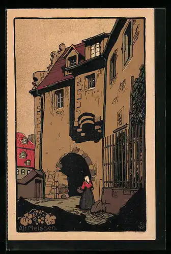 Steindruck-AK Meissen, Burgtor von 1522 in Alt-Meissen, mit Passantin