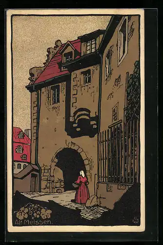 Steindruck-AK Meissen, Partie am ersten Burgtor von 1522, Alt-Meissen