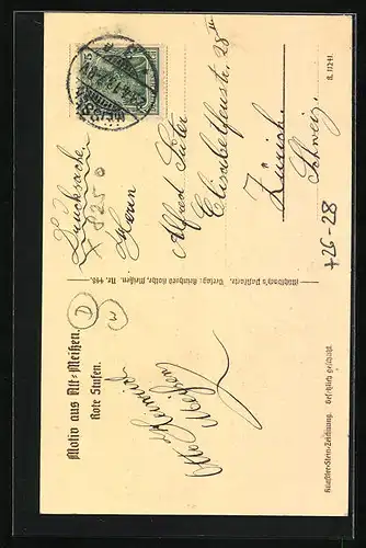 Steindruck-AK Meissen, Rote Stufen mit Passantin, Alt-Meissen