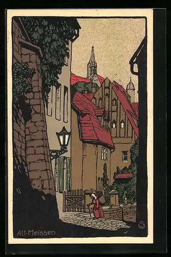 Steindruck-AK Alt-Meissen, Rote Stufen mit Korbträgerin