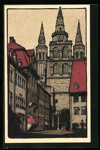 Steindruck-AK Ansbach, Partie an der Gumbertuskirche