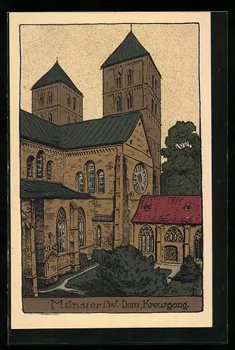 Steindruck-AK Münster i. W., Dom mit Kreuzgang