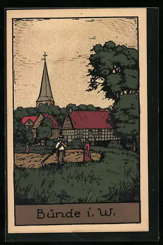 Steindruck-AK Bünde i. W., Ortspartie mit Landarbeitern und Kirche