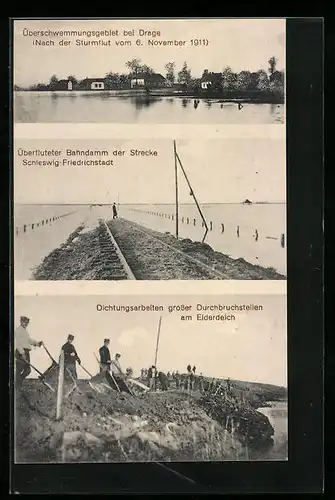 AK Drage, Überschwemmungsgebiet nach der Sturmflut 1911, Überfluteter Bahndamm, Dichtungsarbeiten am Elderdeich