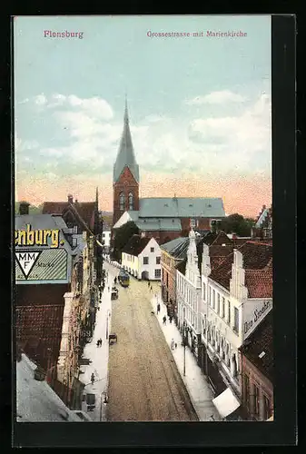 AK Flensburg, Grossestrasse mit Marienkirche aus der Vogelschau