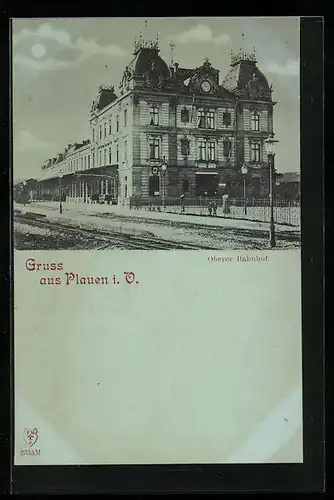 Mondschein-AK Plauen i. V., Oberer Bahnhof mit Strassse