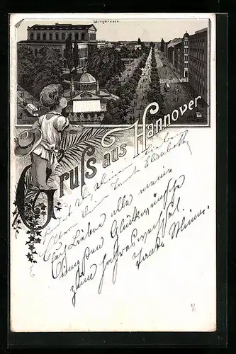 Lithographie Hannover, Georgstrasse aus der Vogelschau, Kinderfigur