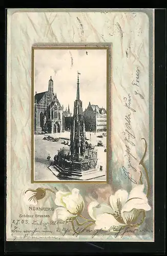Passepartout-Lithographie Nürnberg, Schöner Brunnen, Blumen