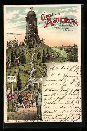 Lithographie Leipzig, Aussichtsturm auf dem Aschenberg, Heitere Szene mit Besuchern