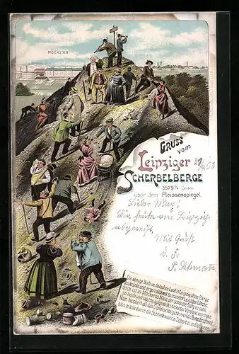 Lithographie Leipzig, Gipfel des Scherbelbergs, Heitere Szene mit Besuchern, Ausblick auf Möckern