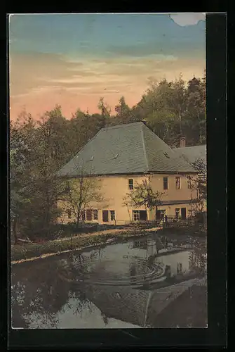 AK Waldenburg, Gasthaus Glänzelmühle mit Teich im Grünefelder Park