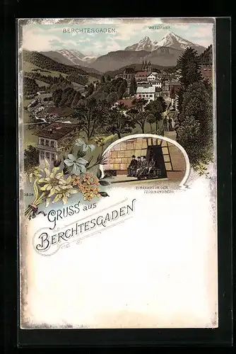 Lithographie Berchtesgaden, Ortsansicht mit Watzmann, Einfahrt in den Ferdinandberg