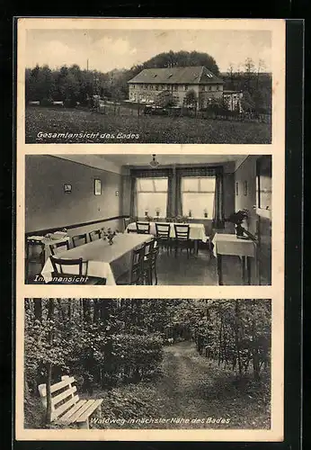 AK Randringhausen über Bünde, Wilmsmeiers Moor- und Schwefelbad, Gesamtansicht, Innenansicht und Waldweg