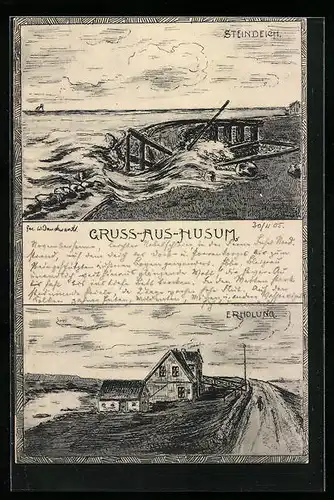 Künstler-AK Husum, Gasthaus Erholung, Steindeich