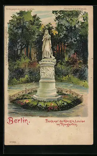 Lithographie Berlin, Denkmal der Königin Louise im Thiergarten, Halt gegen das Licht