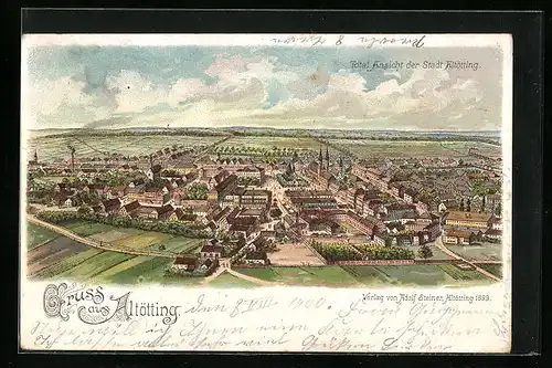 Lithographie Altötting, Totalansicht aus der Vogelschau