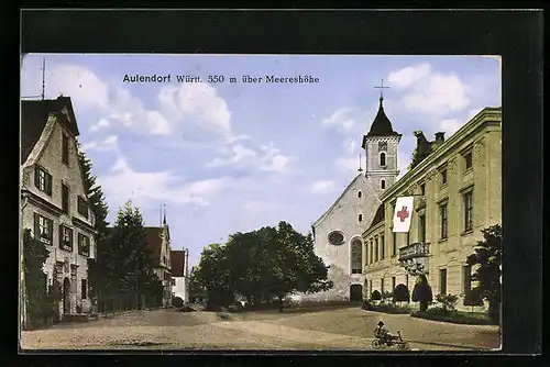 AK Aulendorf i. Württ., Strassenpartie mit Kirche