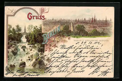 Lithographie Berlin, Stadt vom Kreuzberg gesehen, Wasserfall im Victoria-Park