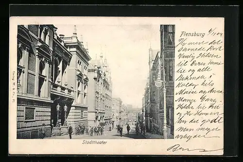 AK Flensburg, Strassenpartie mit Stadttheater