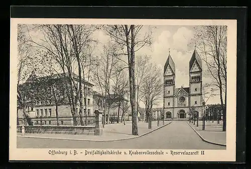 AK Offenburg i. B., Dreifaltigkeitskirche und Knabenvolksschule, Reservelazarett II