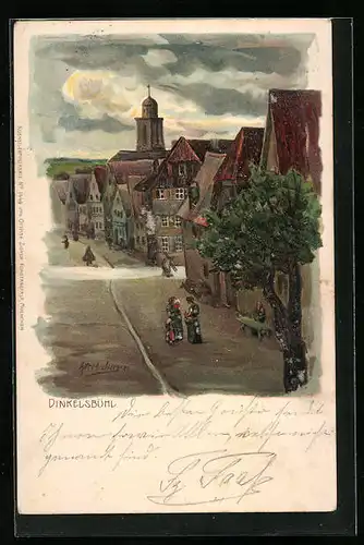 Lithographie Dinkelsbühl, Strassenpartie im Ortskern