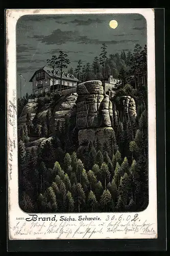 Lithographie Hohnstein /Sächs. Schweiz, Gasthaus Brand bei Vollmond