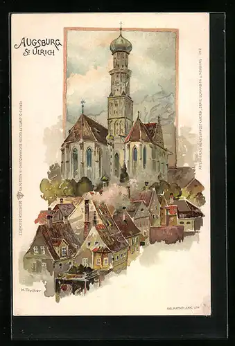 Lithographie Augsburg, St. Ulrich im Stadtbild