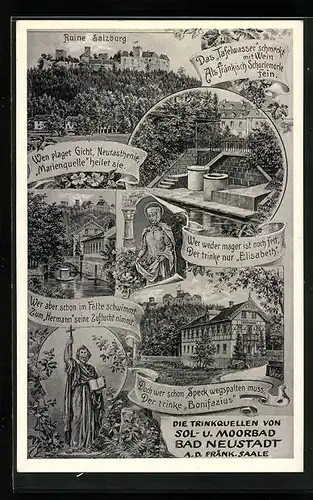 AK Bad Neustadt a. d. Fränk. Saale, Marienquelle, Kurhaus Bonifazius, Ruine Salzburg