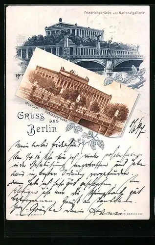 Lithographie Berlin, Museum und Schlossbrücke, Nationalgallerie und Friedrichsbrücke
