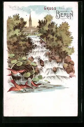 Lithographie Berlin-Kreuzberg, Wasserfall im Victoria-Park