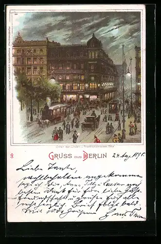Lithographie Berlin, Cafe Bauer Unter den Linden- Ecke Friedrichstrasse am Abend