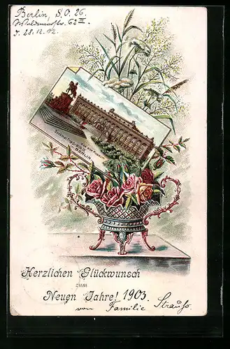 Lithographie Berlin, Das alte Museum und Denkmal Friedr. Wilh. III., Neujahrsgruss
