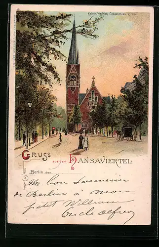 Lithographie Berlin, Strassenpartie mit Kirche im Hansaviertel