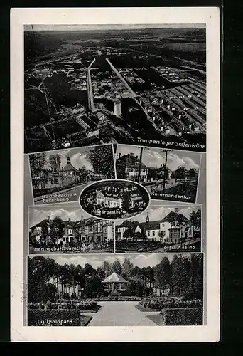 AK Grafenwöhr, Truppenlager, Militärgasthof, Hauptwache und Forsthaus, Luitpoldpark