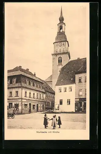 AK Frankenberg, Marktecke mit Kolonialwarenhandlung von Rudolf Eckert und Kirche
