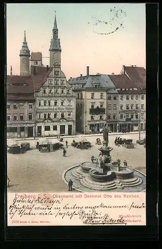 AK Freiberg i. S., Gasthaus & Weinhandlung und Denkmal Otto des Reichen am Obermarkt