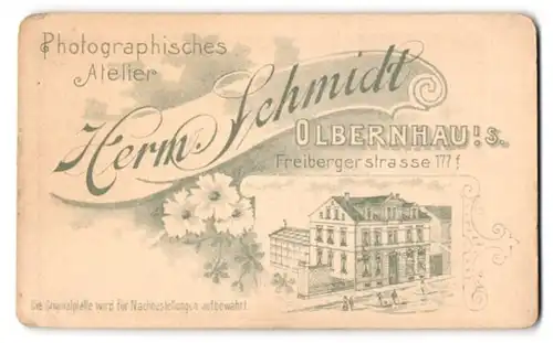 Fotografie Herm. Schmidt, Olbernhau i. S., Freibergerstr. 177, Ansicht Olbernhau, Blick auf das Ateliersgebäude