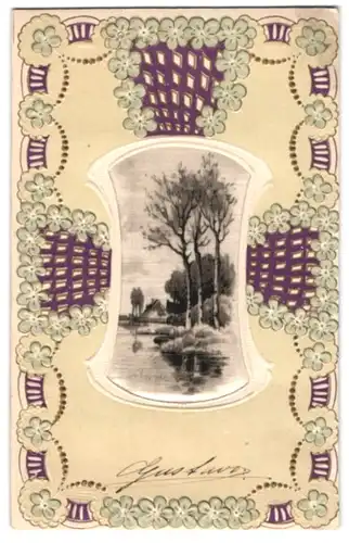 Seiden-AK Bäume und Haus an einem Gewässer