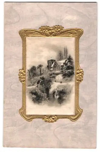 Seiden-AK Reisigsammler auf einer Brücke in Sichtweite der dörflichen Kirche