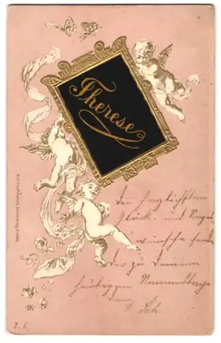 Seiden-AK Namenstagsgruss Therese mit Engelchen