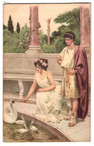 Seiden-AK Paar in antiken Gewändern am Schwanenteich
