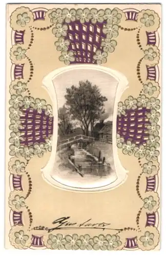 Seiden-AK Idyll an einer Brücke